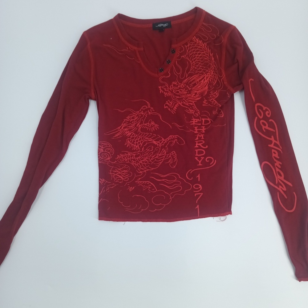 Ed Hardy Womens Long Sleeve Thermal Henley Dragon Graphic Red Top Small